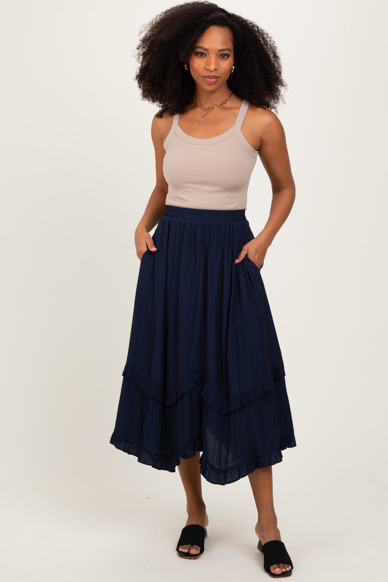 Navy Ruffle Tiered Midi Skirt