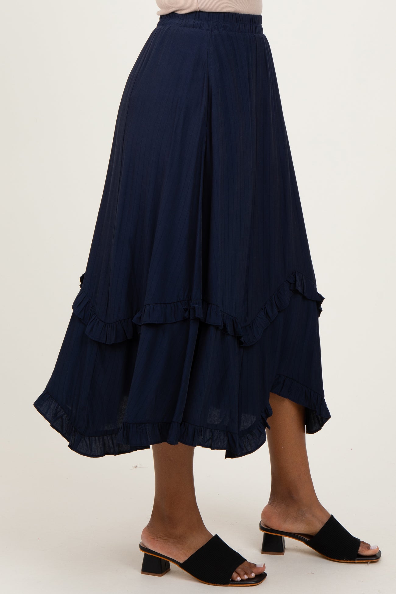 Navy Ruffle Tiered Midi Skirt