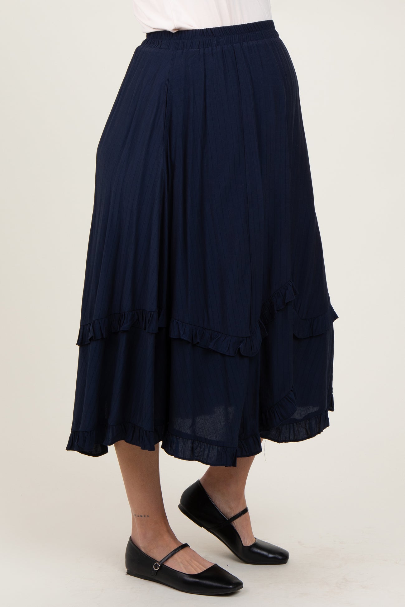 Navy Ruffle Tiered Maternity Midi Skirt