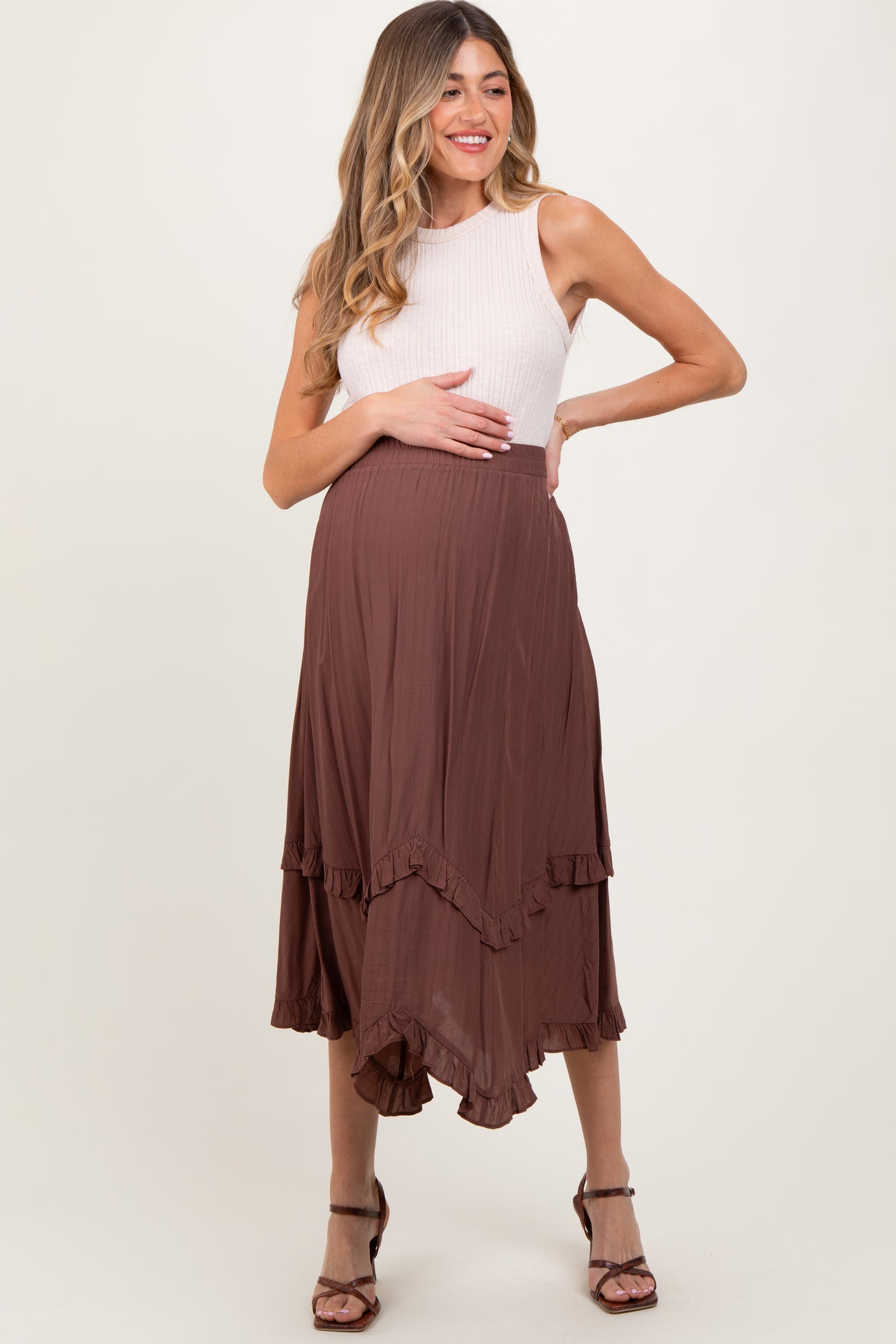 Mocha Ruffle Tiered Maternity Midi Skirt
