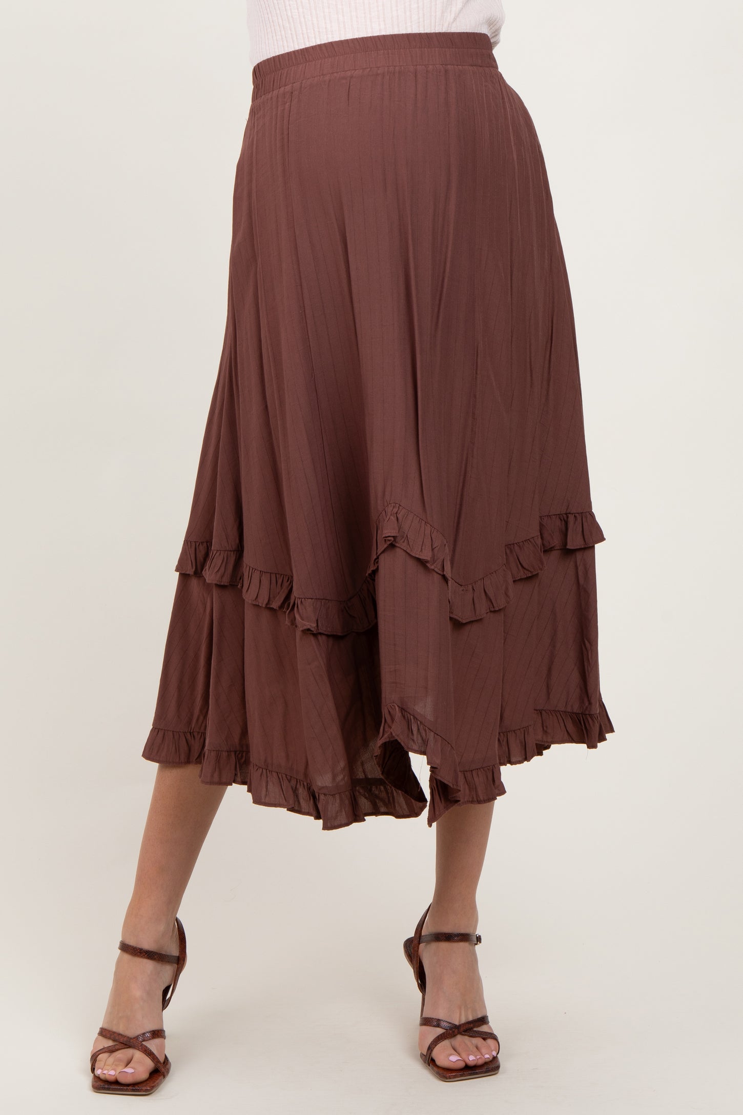 Mocha Ruffle Tiered Maternity Midi Skirt