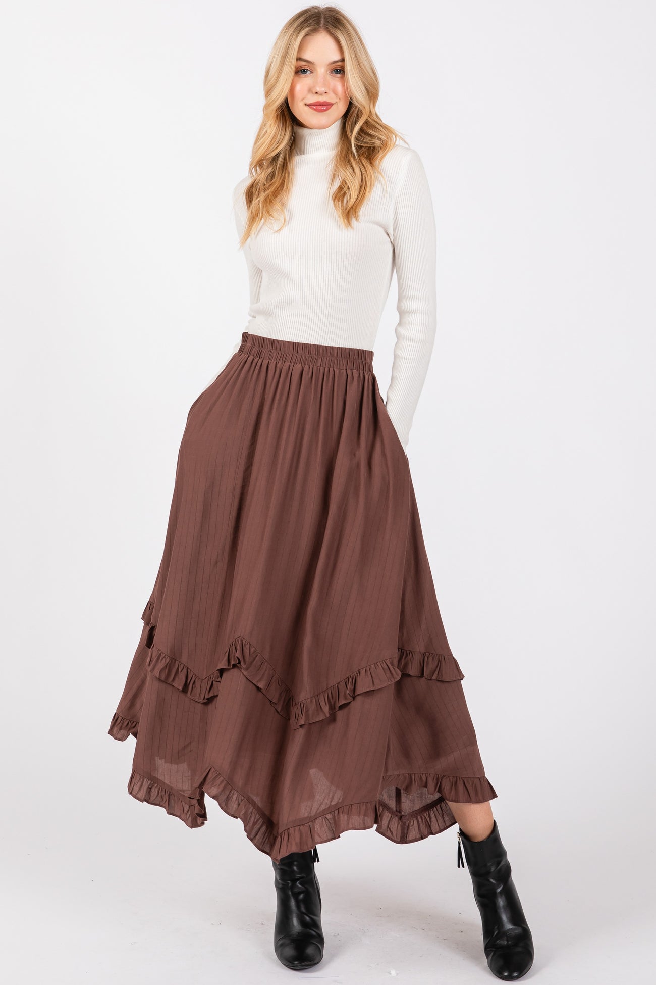 Mocha  Ruffle Tiered Midi Skirt