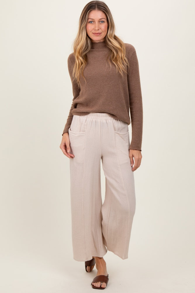 Cream Cotton Gauze Wide Leg Pants