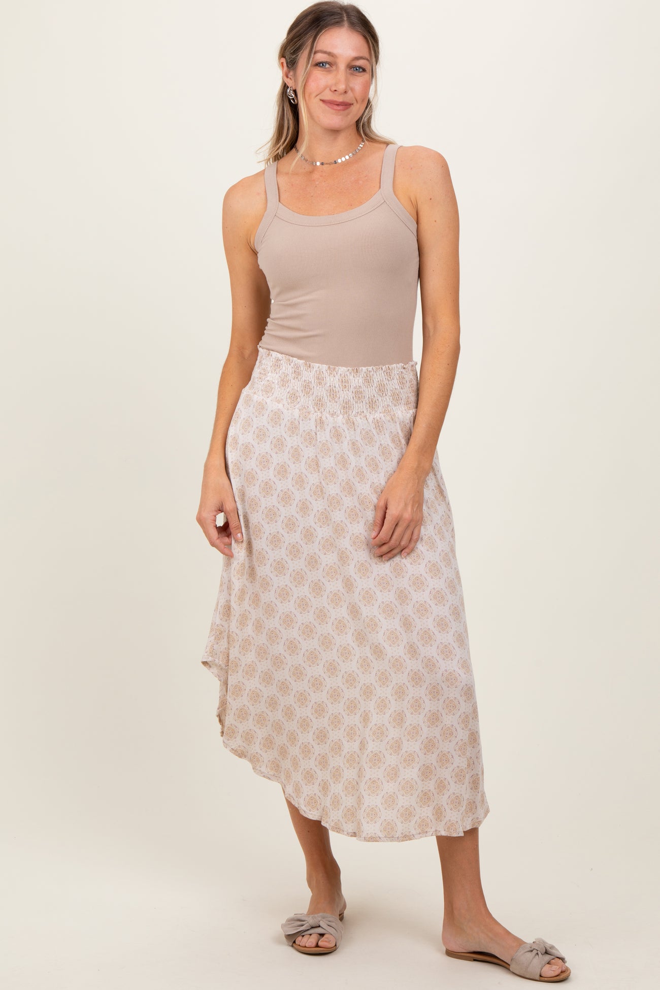 Beige Damask Print Smocked Waistband Maternity Midi Skirt