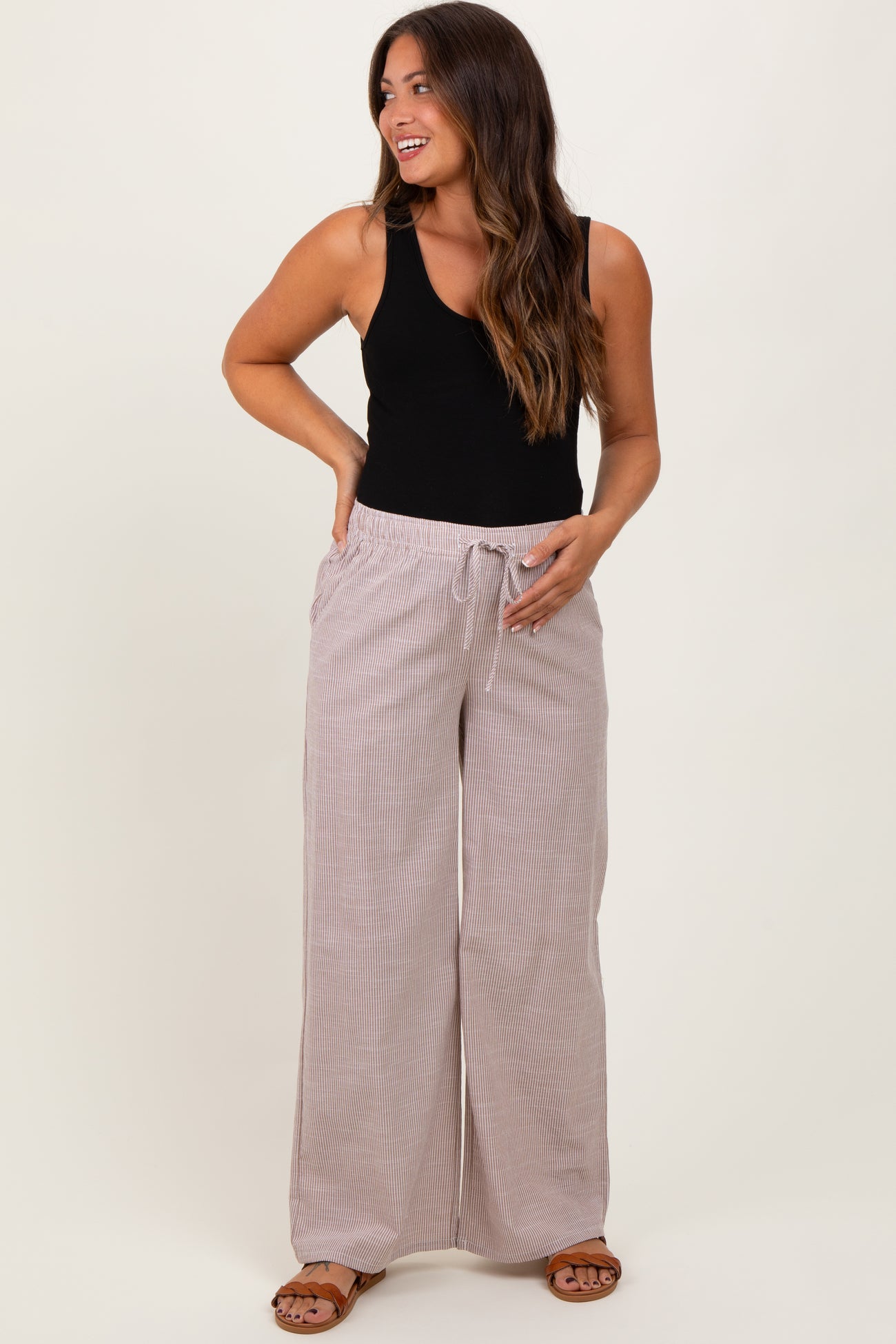 Light Taupe Striped Drawstring Wide Leg Maternity Pants
