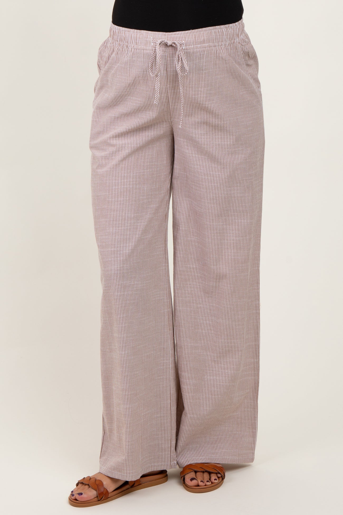 Light Taupe Striped Drawstring Wide Leg Maternity Pants