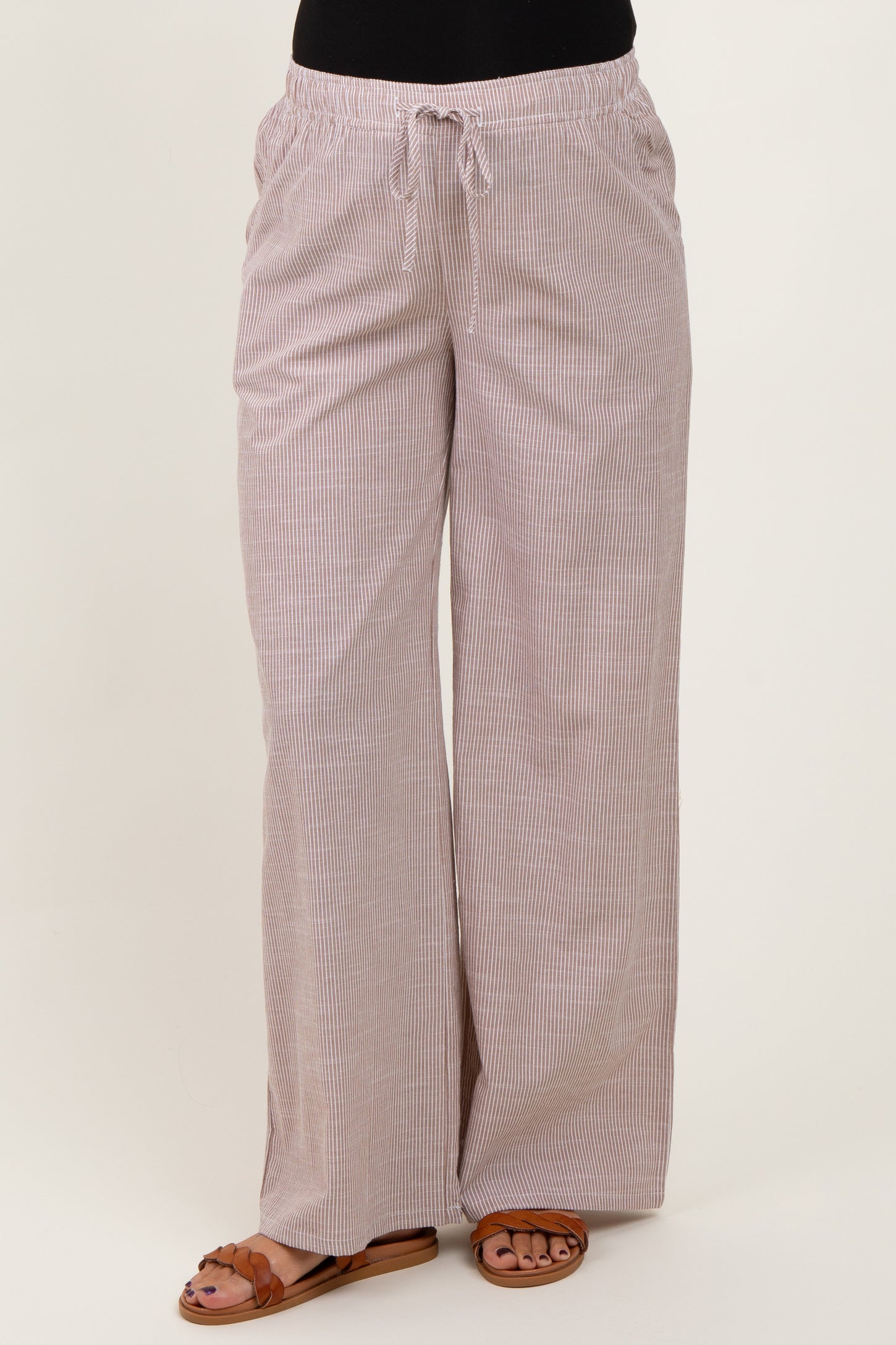 Light Taupe Striped Drawstring Wide Leg Maternity Pants
