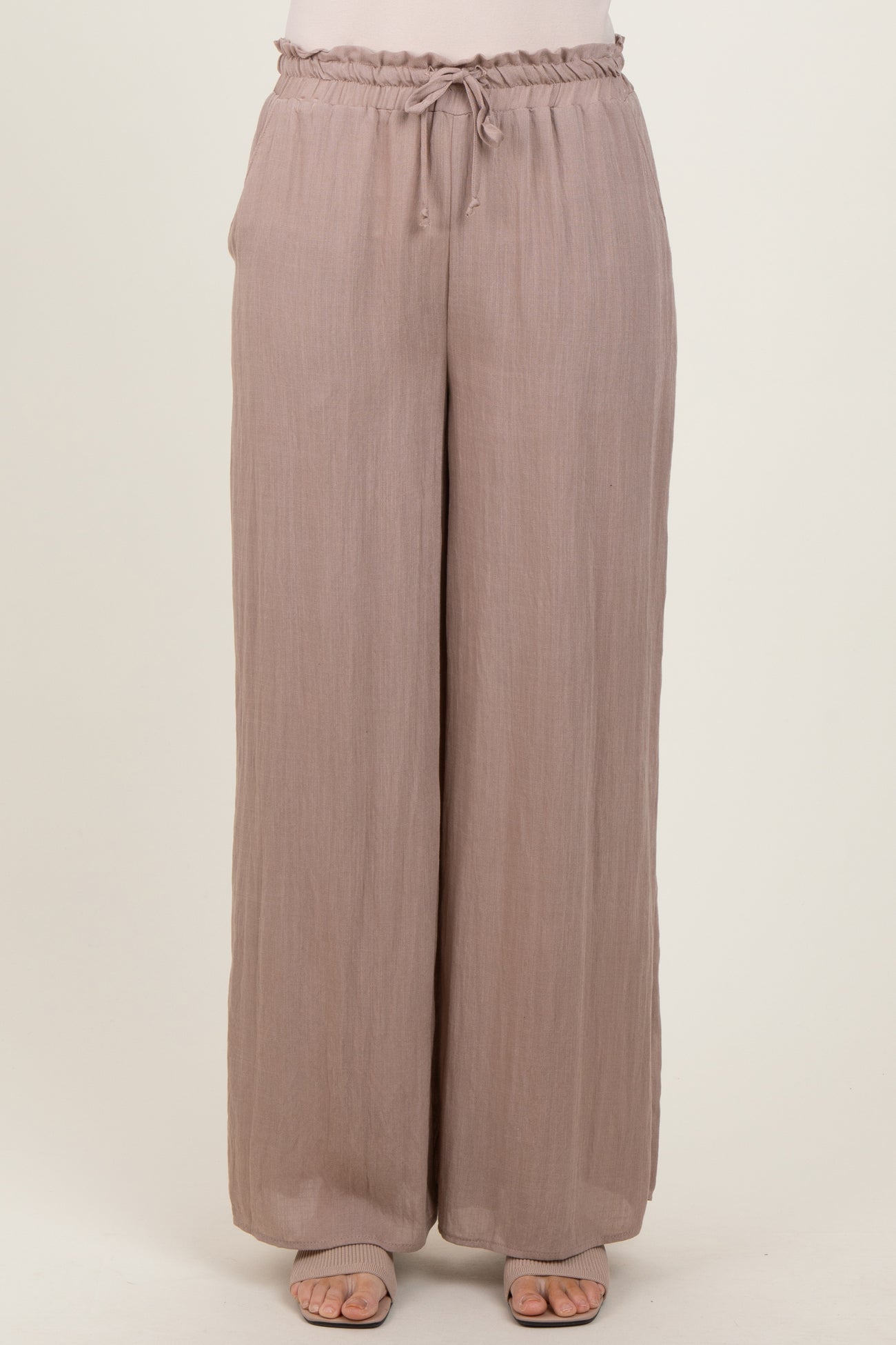 Beige Ruffled Drawstring Waist Wide Leg Pants