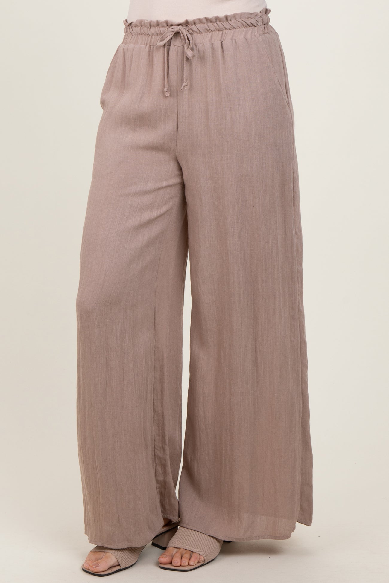 Beige Ruffled Drawstring Waist Wide Leg Pants