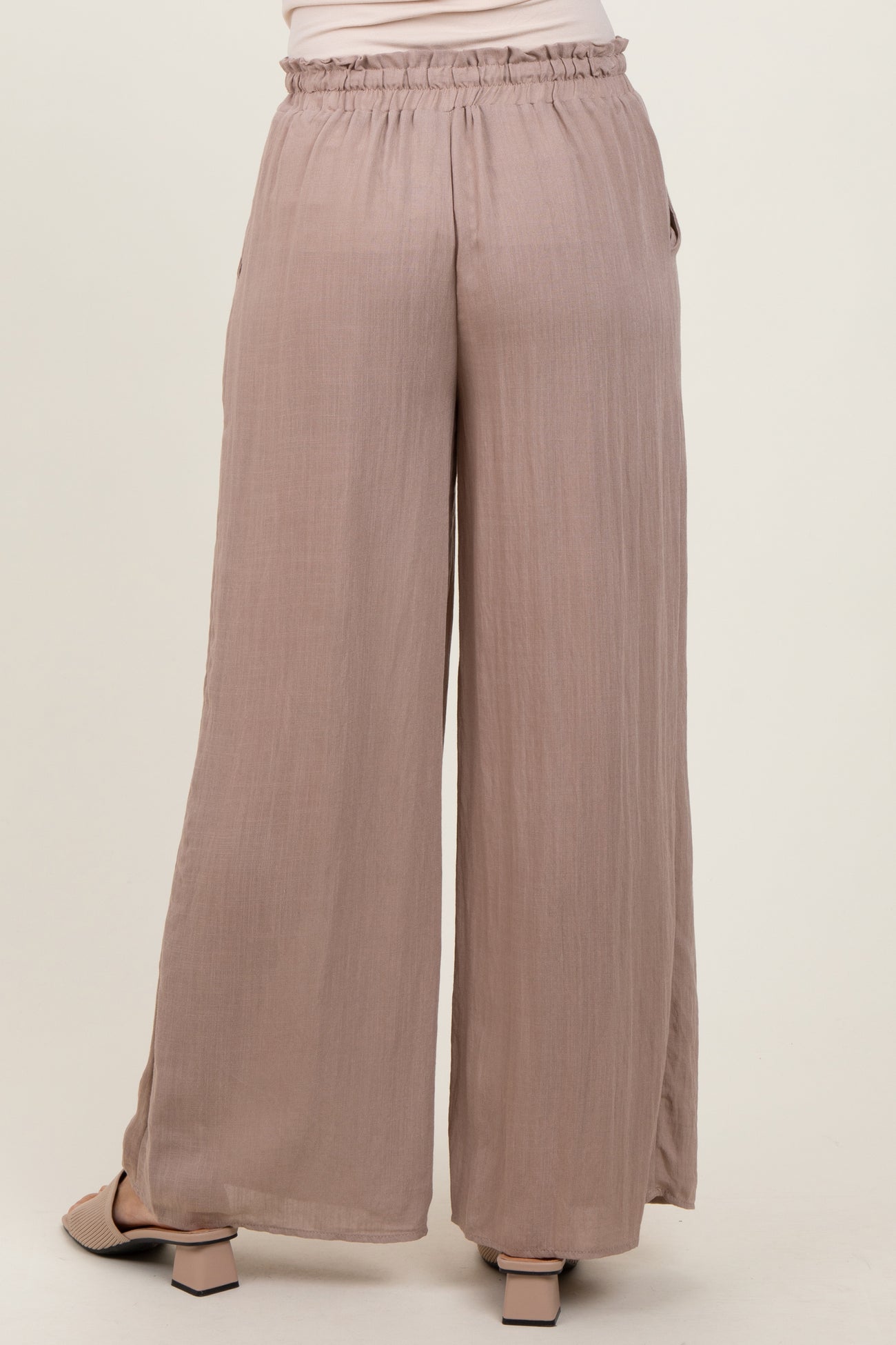 Beige Ruffled Drawstring Waist Wide Leg Pants