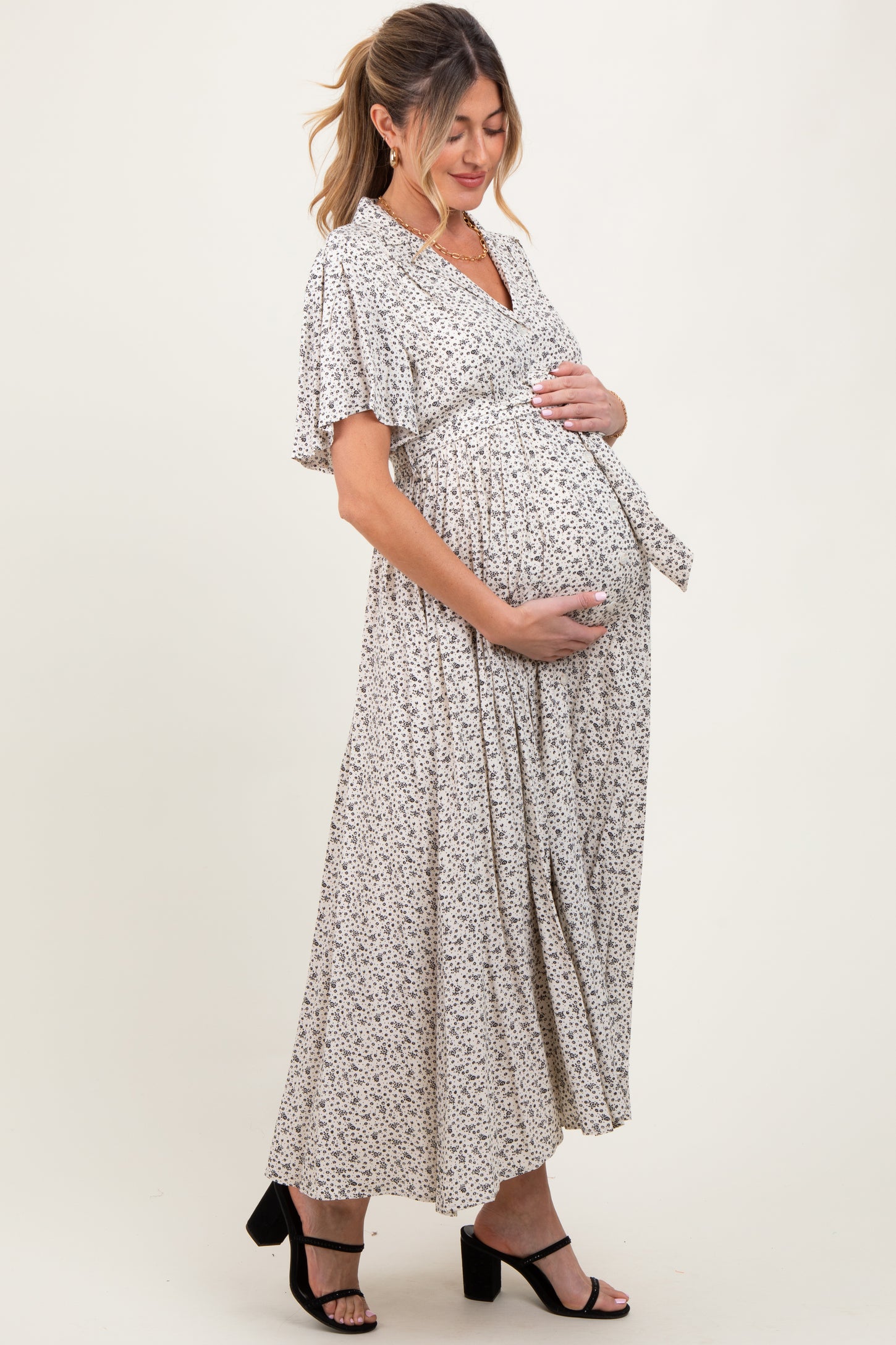 Cream Flutter Sleeve Button Down Maternity Maxi Dress