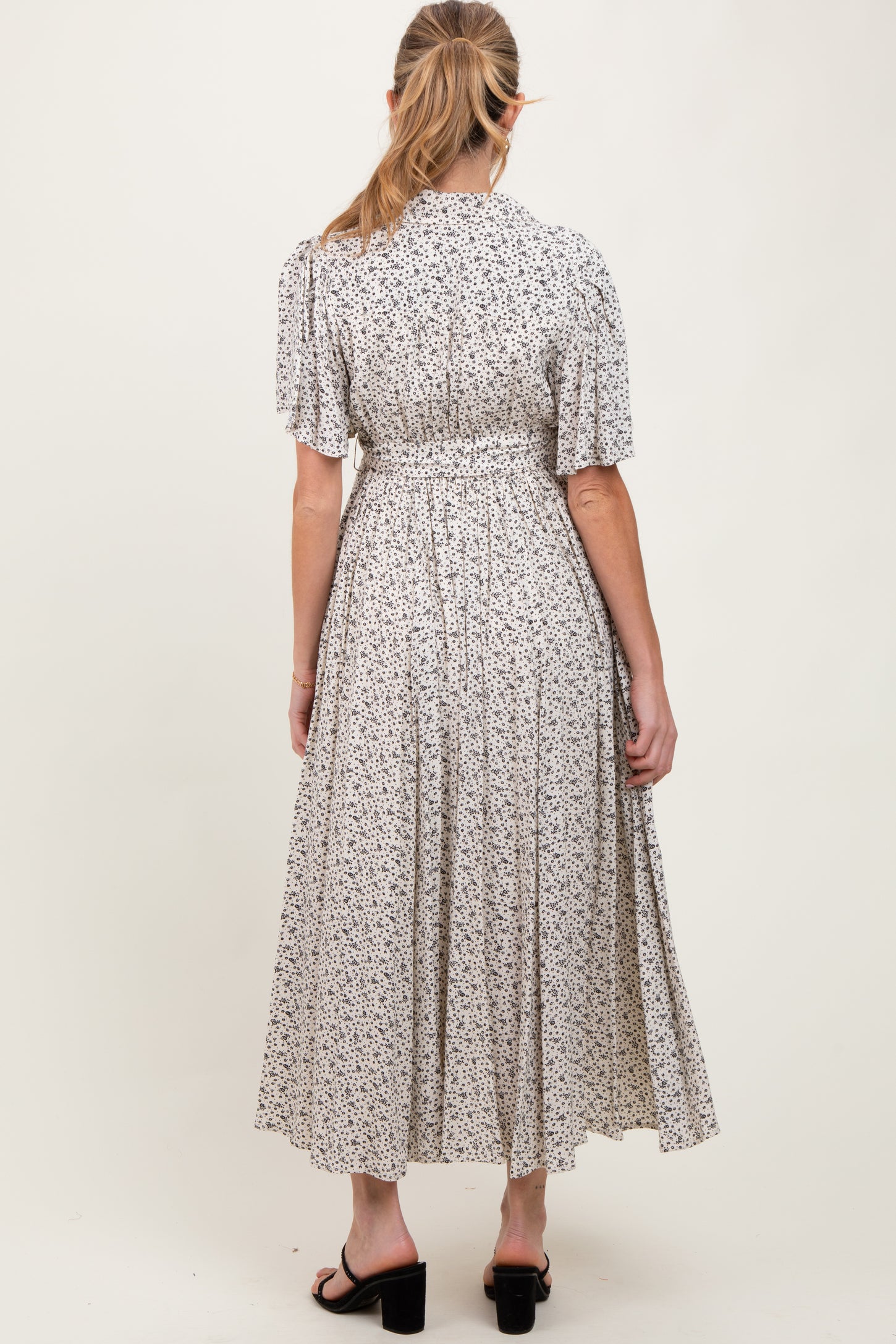 Cream Flutter Sleeve Button Down Maternity Maxi Dress