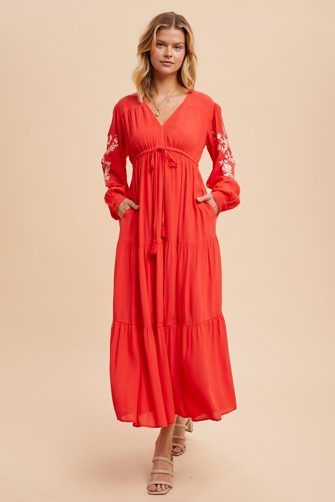 Red Embroidered Long Sleeve Maxi Dress