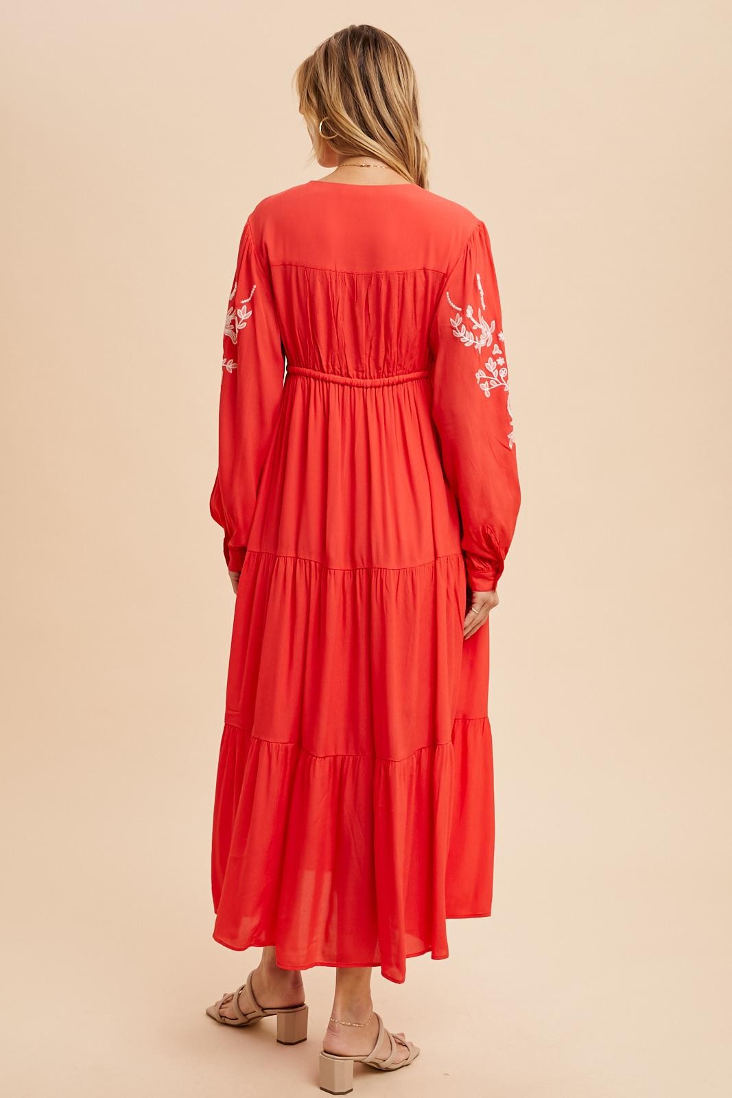 Red Embroidered Long Sleeve Maxi Dress