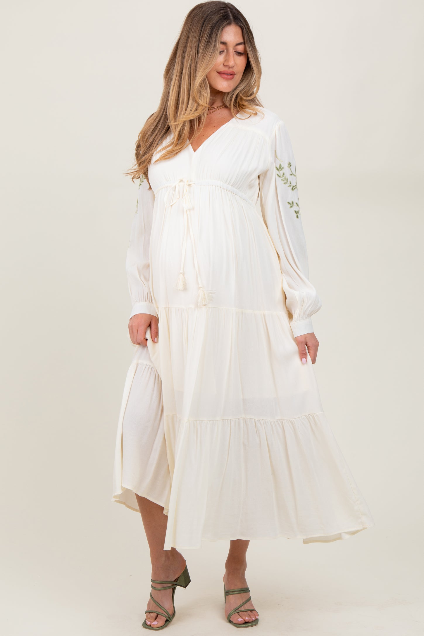 Cream Embroidered Long Sleeve Maternity Maxi Dress