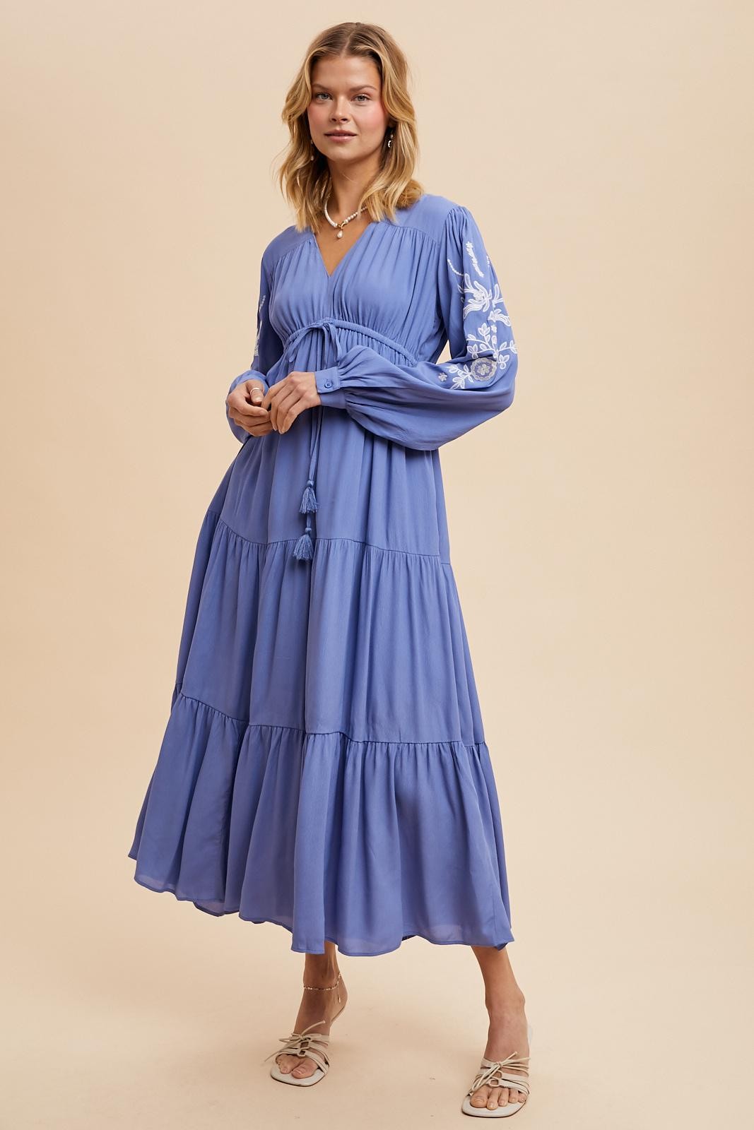 Blue Embroidered Long Sleeve Maxi Dress