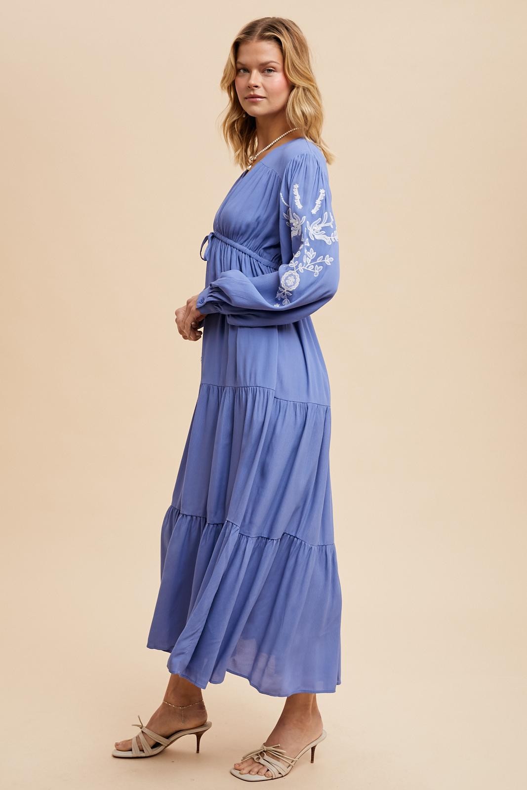 Blue Embroidered Long Sleeve Maxi Dress