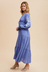 Blue Embroidered Long Sleeve Maxi Dress