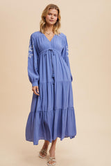 Blue Embroidered Long Sleeve Maxi Dress