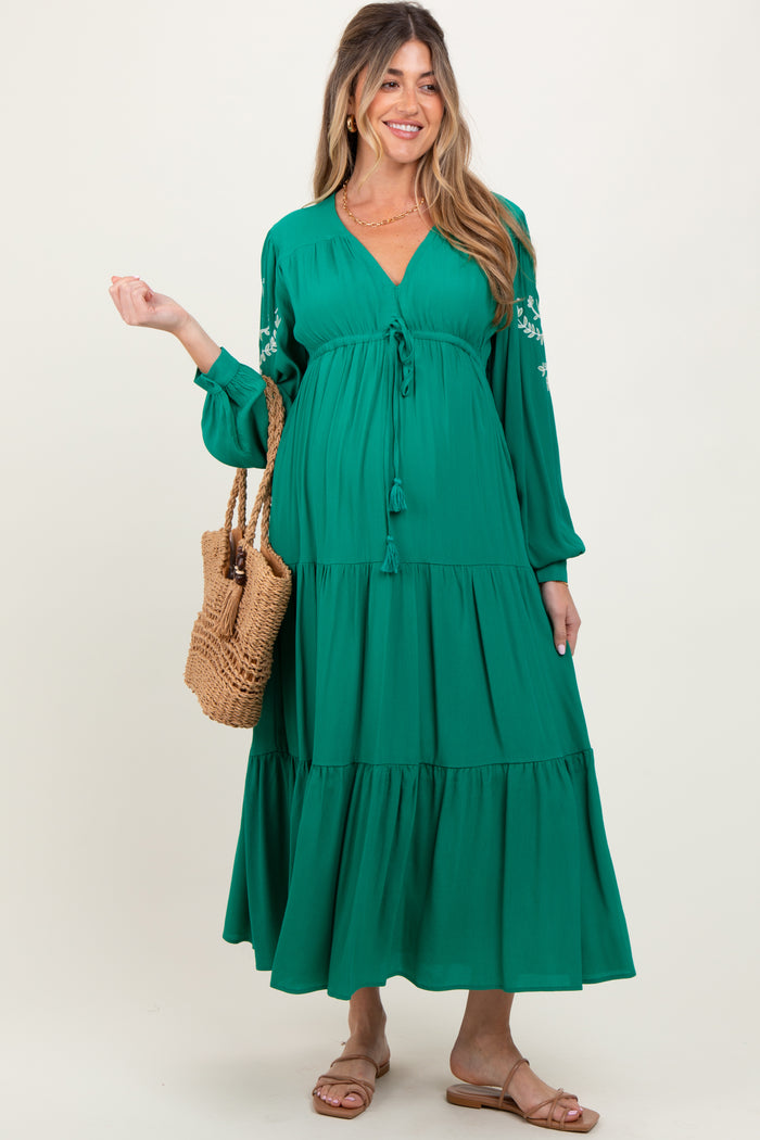 Jade Embroidered Long Sleeve Maternity Maxi Dress