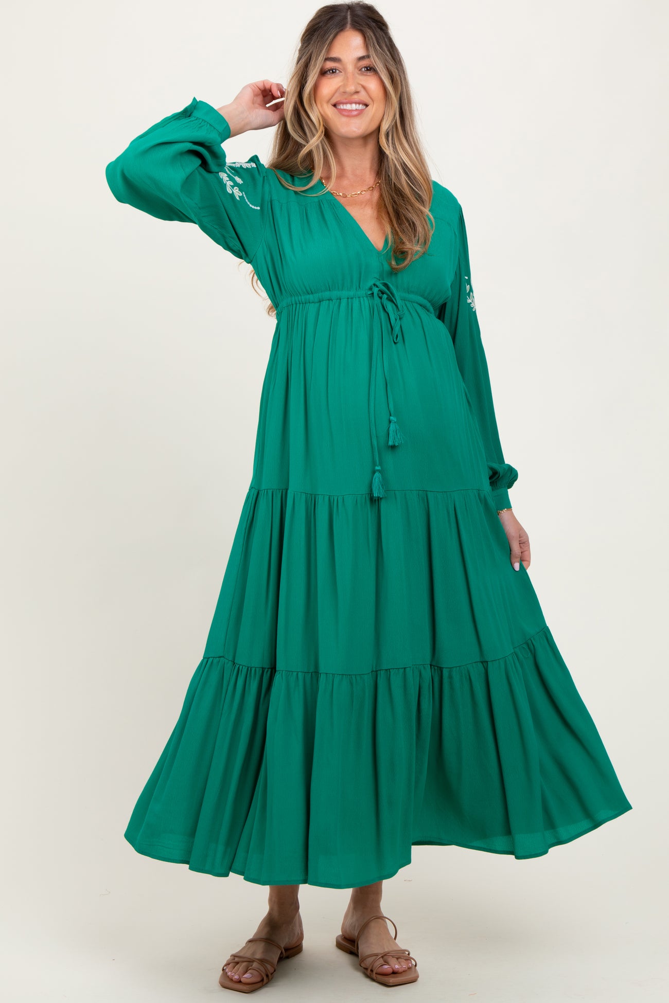 Jade Embroidered Long Sleeve Maternity Maxi Dress