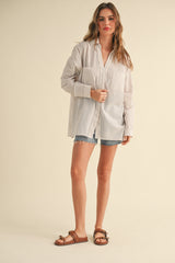 Beige Striped Double Pocket Button Down Top