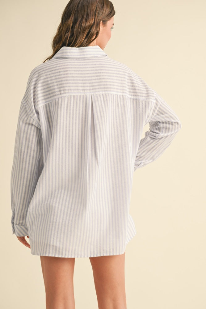 Blue Striped Double Pocket Button Down Top