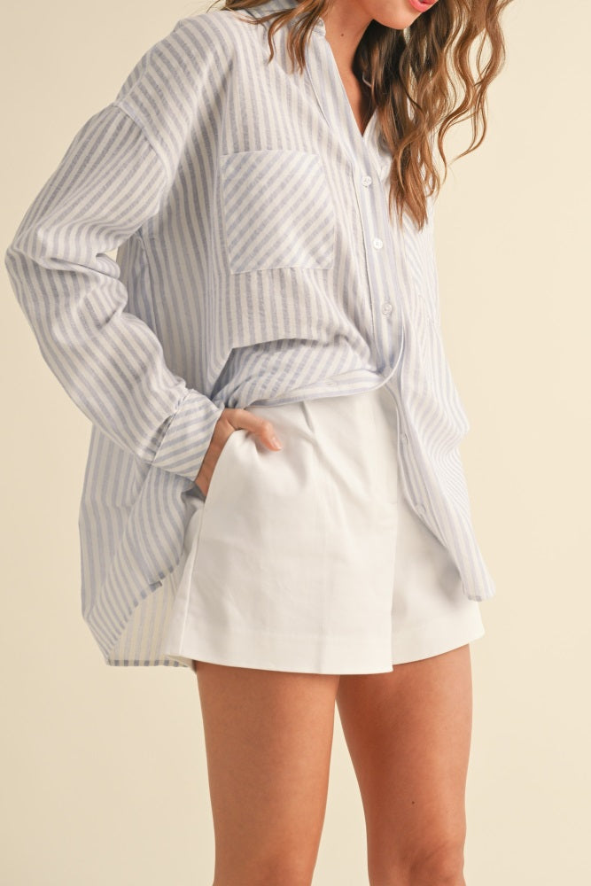 Blue Striped Double Pocket Button Down Top