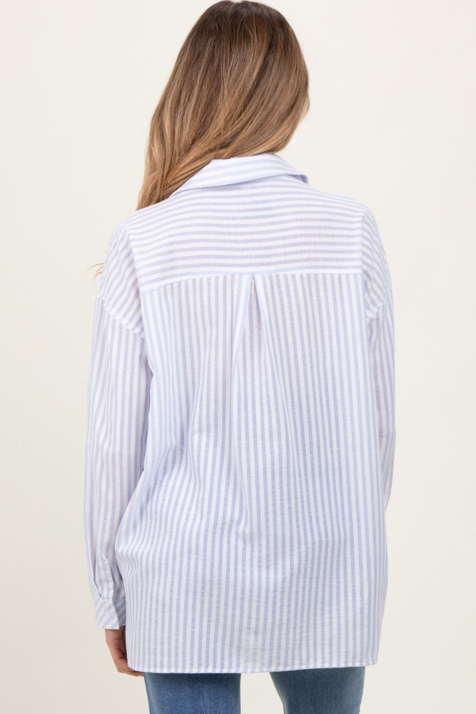Blue Striped Double Pocket Maternity Button Down Top