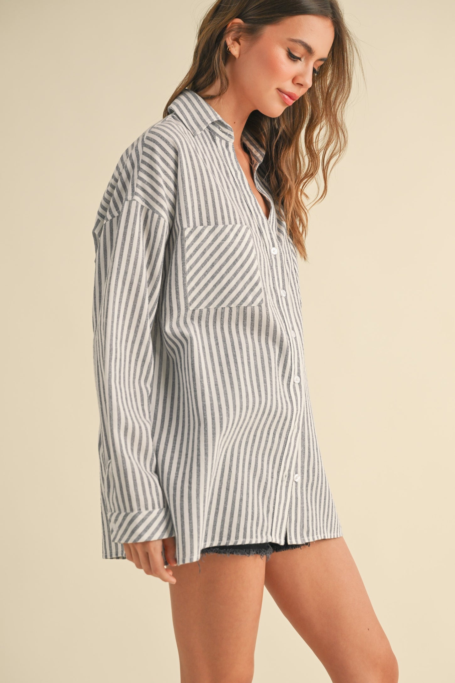 Navy Striped Double Pocket Button Down Top