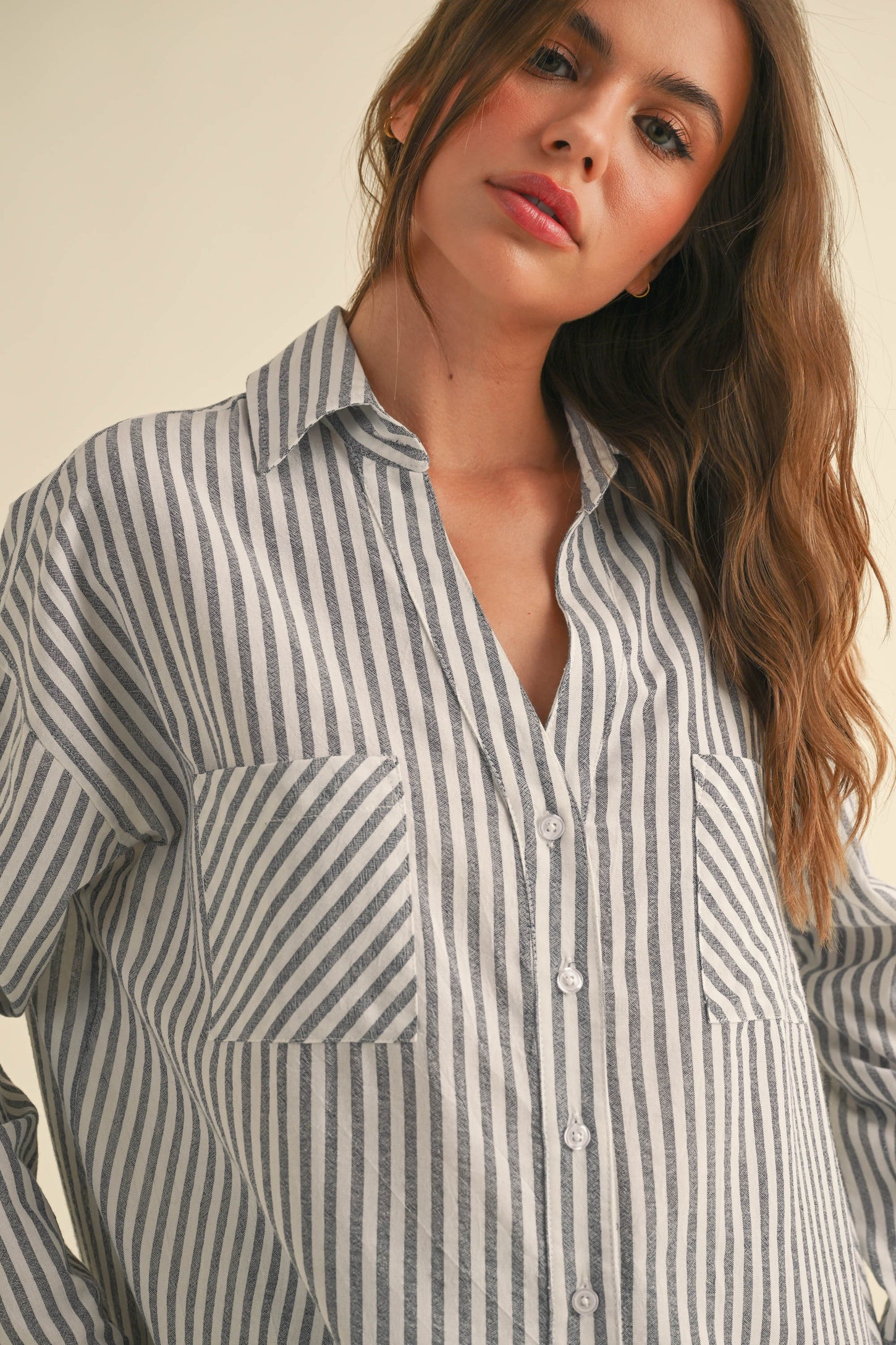 Navy Striped Double Pocket Button Down Top