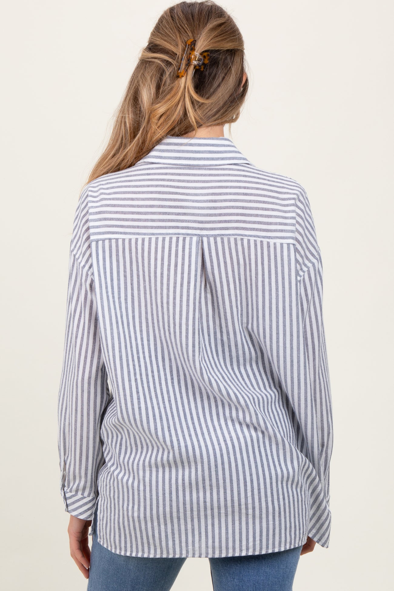 Navy Striped Double Pocket Maternity Button Down Top