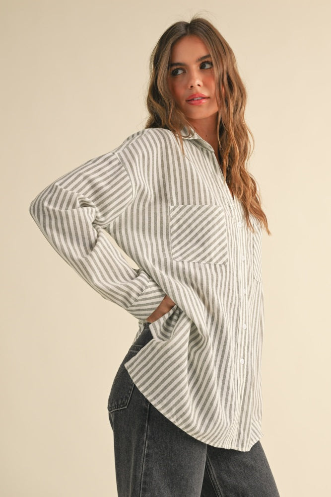 Olive Striped Double Pocket Button Down Top