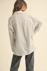 Olive Striped Double Pocket Button Down Top