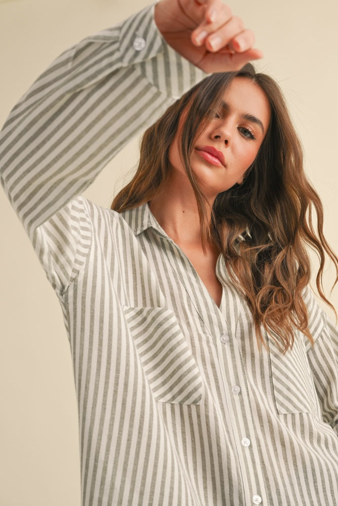 Olive Striped Double Pocket Button Down Top