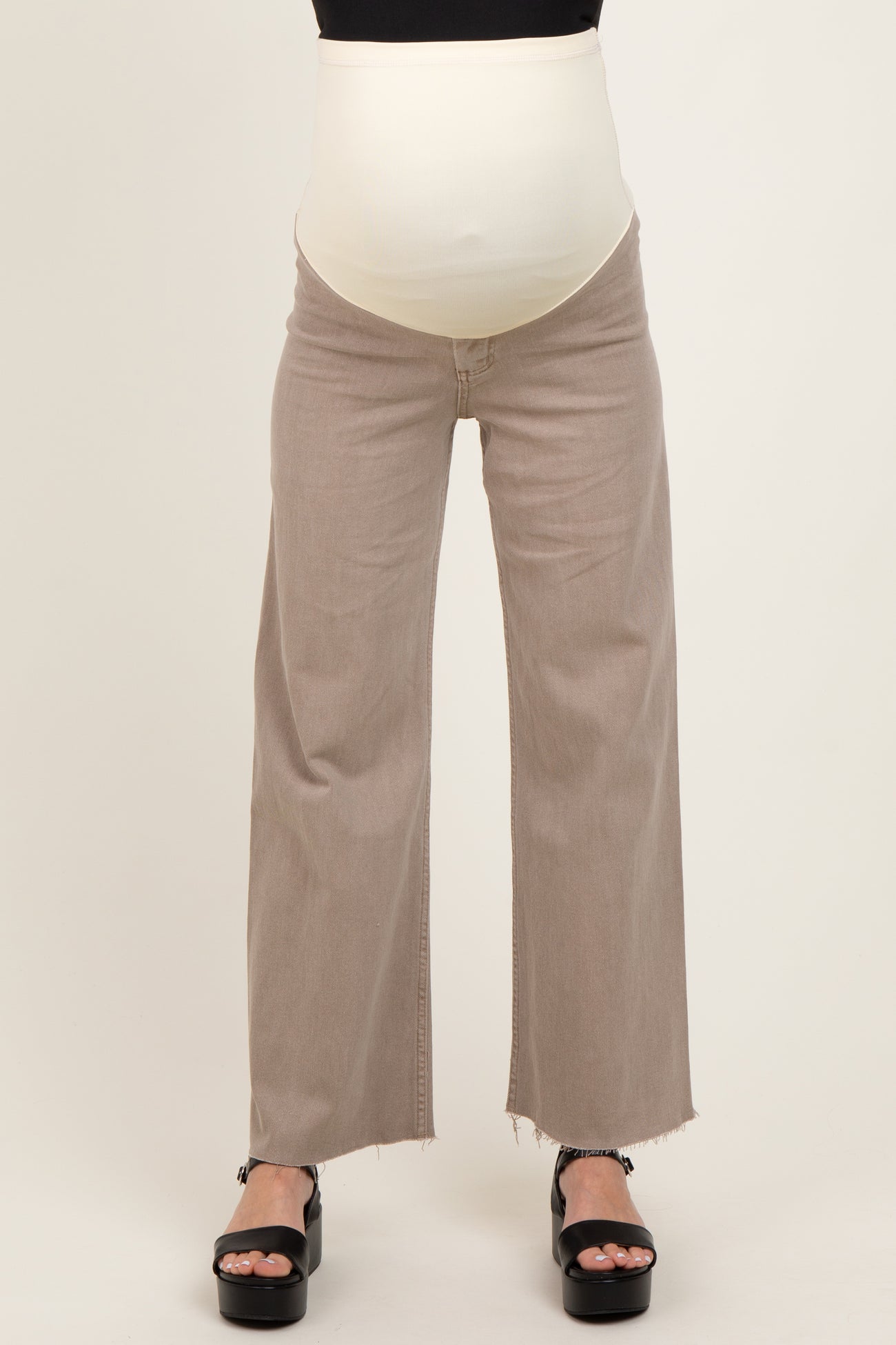 Light Taupe Raw Hem Wide Leg Maternity Jeans