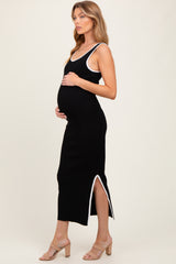 Black Colorblock Trim Knit Side Slit Maternity Midi Dress