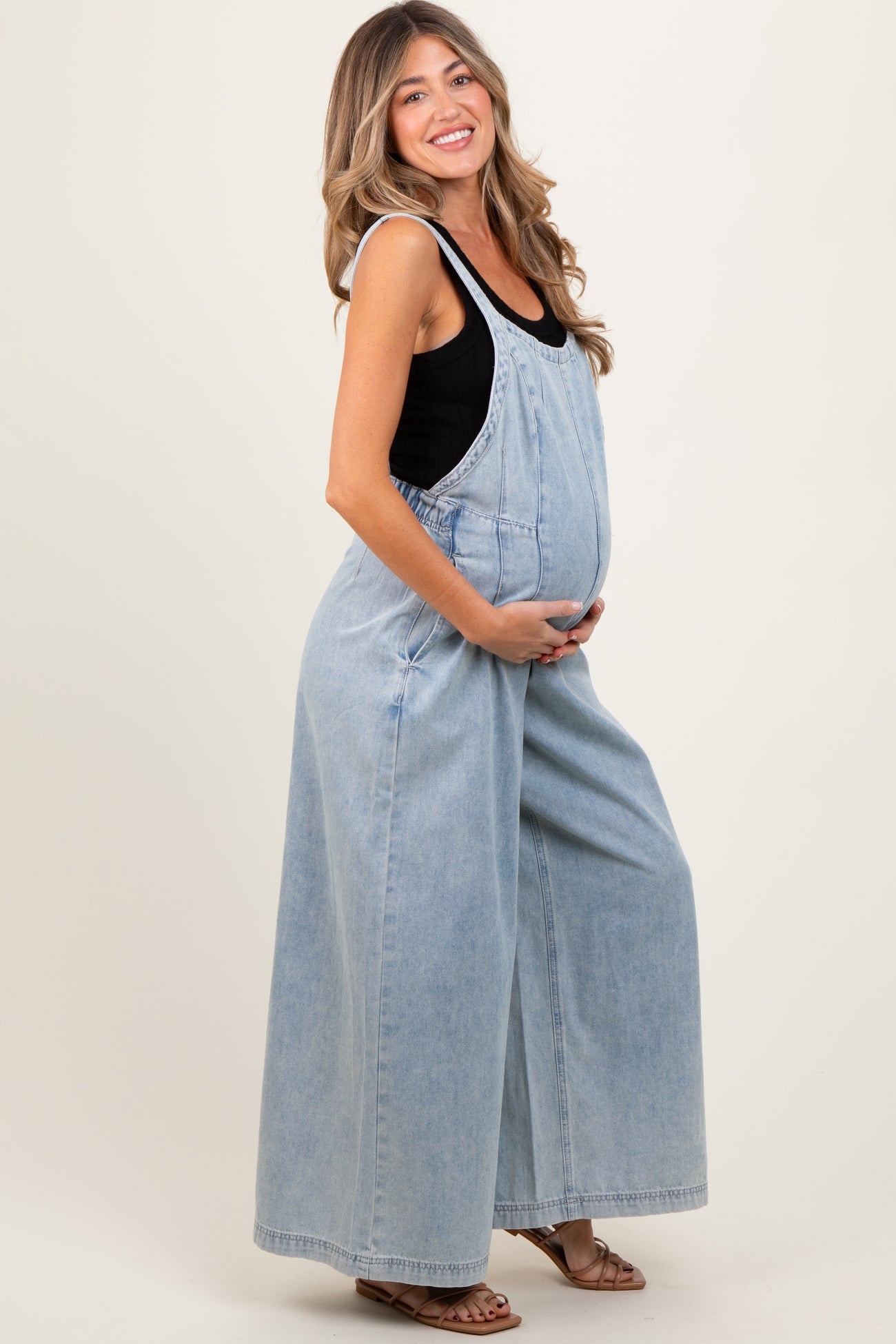 Light Blue Wide Leg Denim Maternity Jumpsuit
