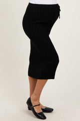 Black Ribbed Knit Drawstring Maternity Midi Skirt