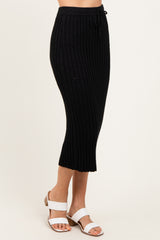 Black Ribbed Knit Drawstring Midi Skirt