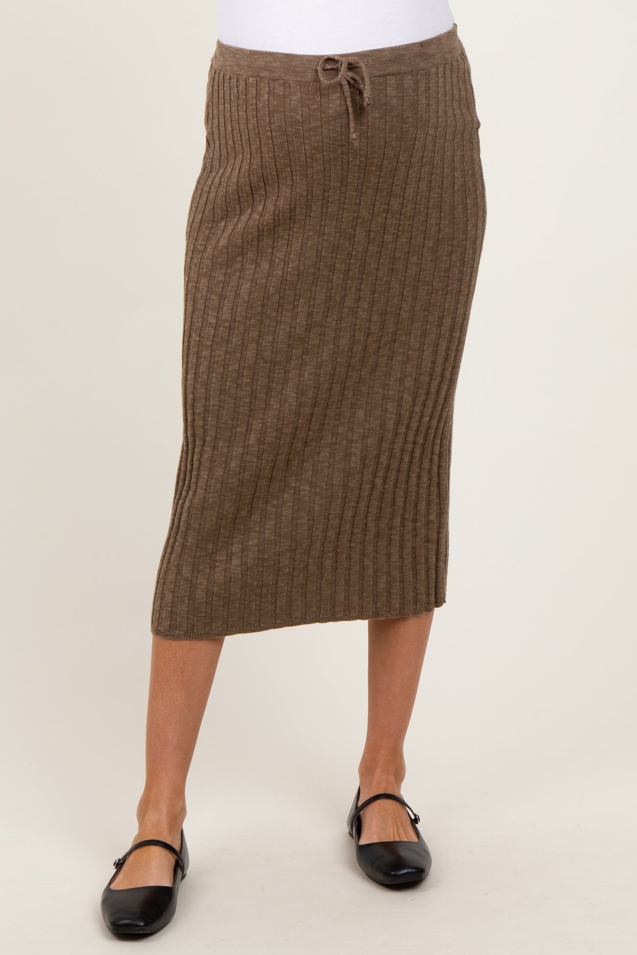 Mocha Ribbed Knit Drawstring Maternity Midi Skirt