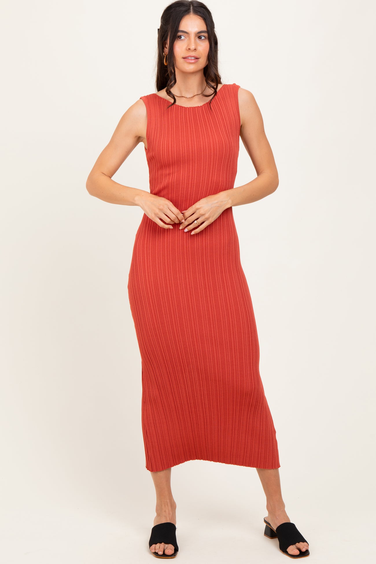 Coral Sleeveless Ribbed Maxi Dress