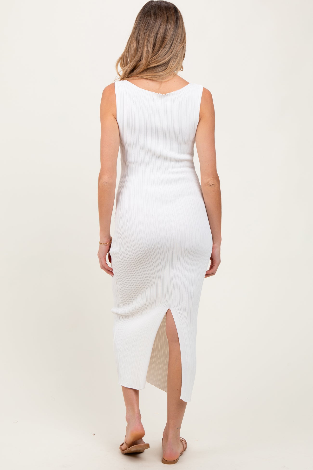 White Sleeveless Ribbed Maternity Maxi Dress
