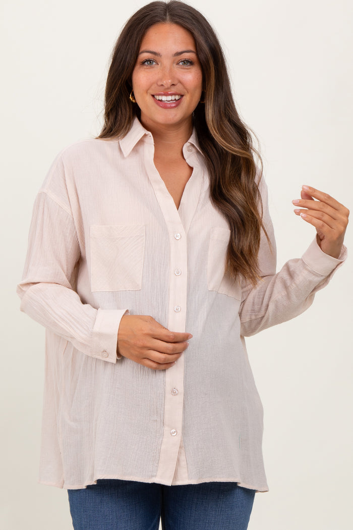 Beige Cotton Gauze Oversized Maternity Button Down Shirt