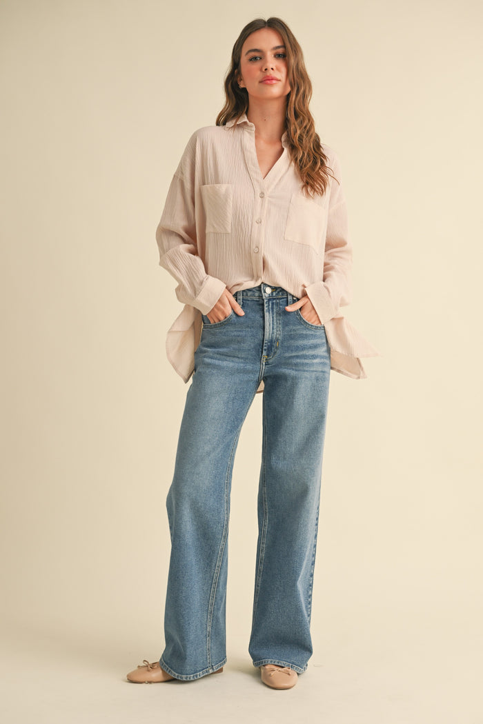 Beige Cotton Gauze Oversized Button Down Shirt