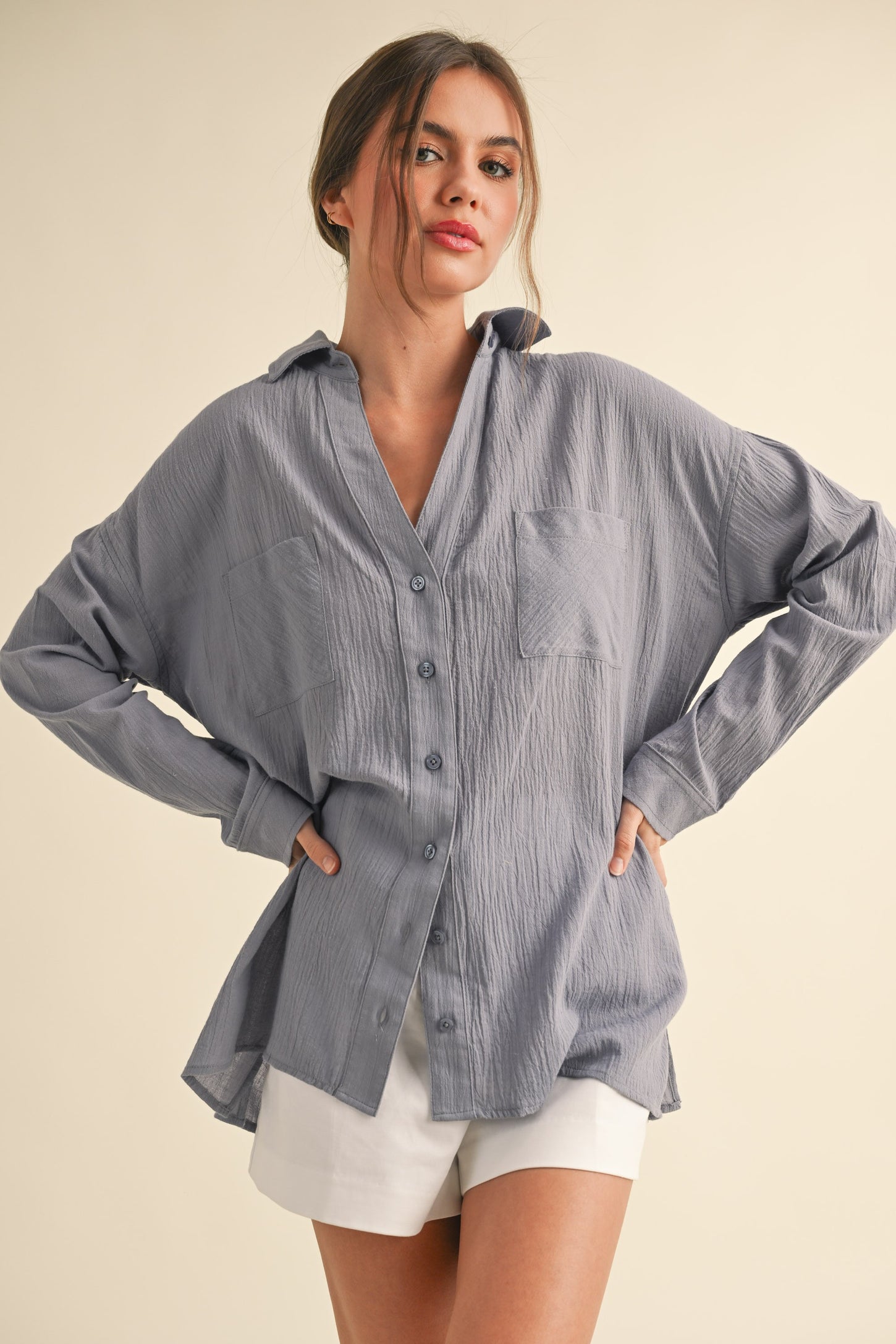 Blue Cotton Gauze Oversized Button Down Shirt