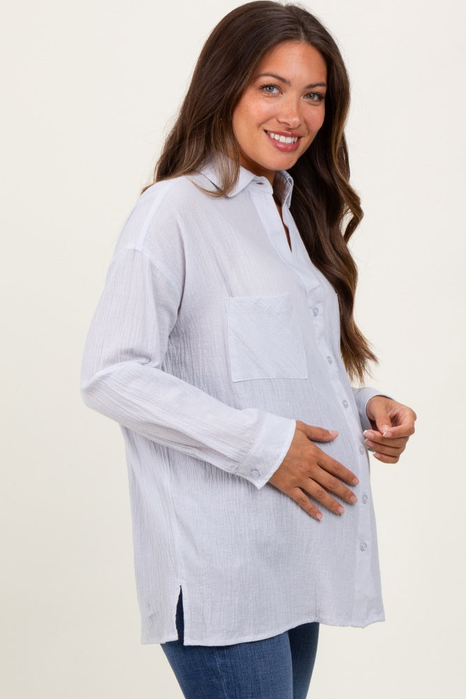 Light Grey Cotton Gauze Oversized Maternity Button Down Shirt