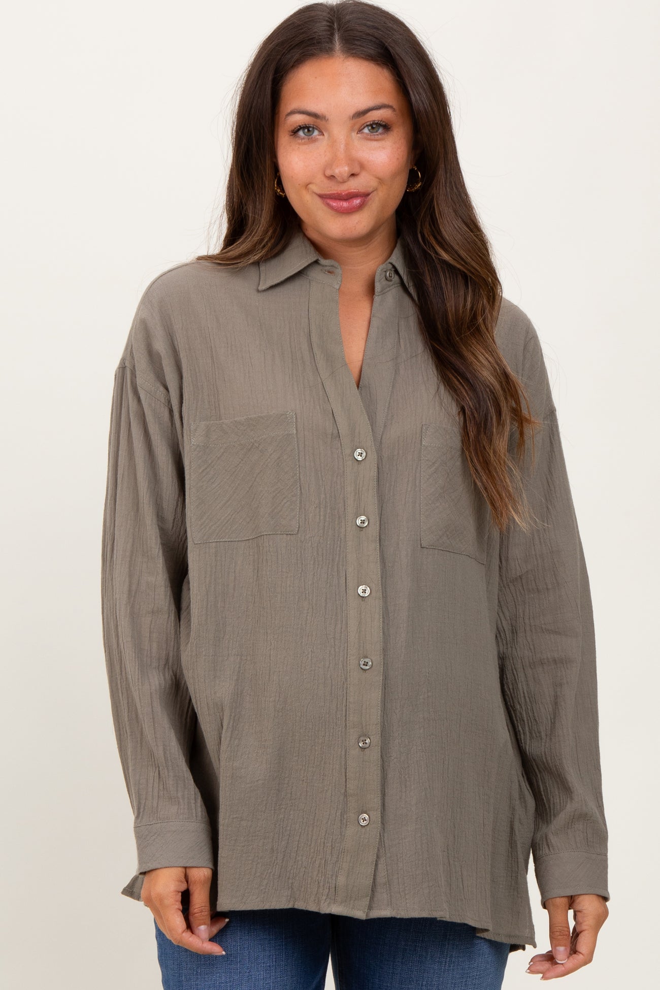 Olive Cotton Gauze Oversized Maternity Button Down Shirt