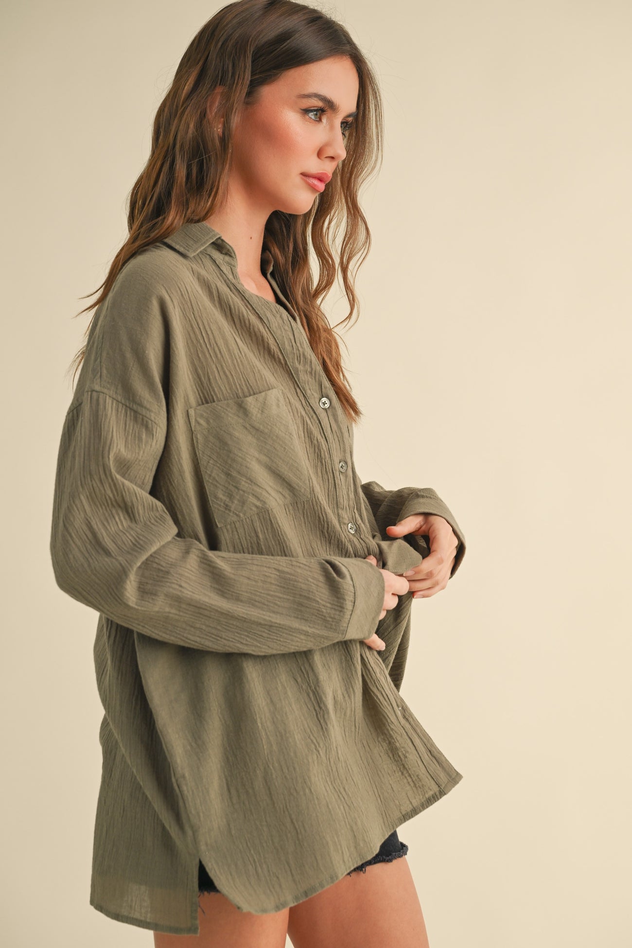 Olive Cotton Gauze Oversized Button Down Shirt