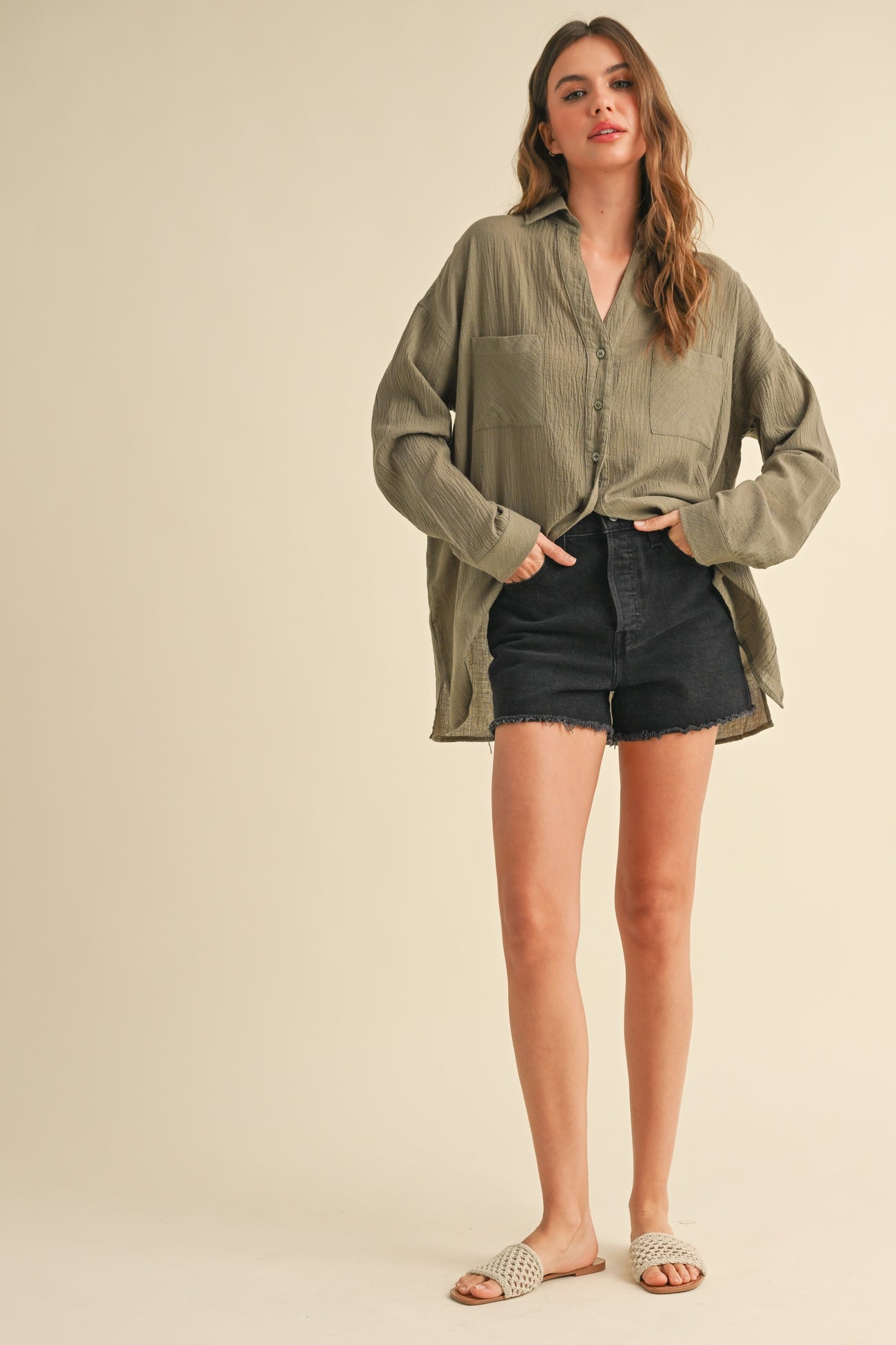 Olive Cotton Gauze Oversized Button Down Shirt